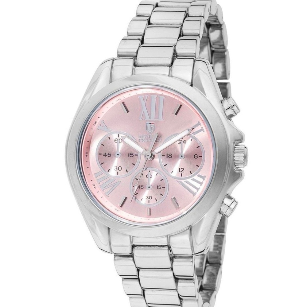 Montres Prestige MPW-0195 Womens Chronograph Watch Silver Pink Dial New In Box